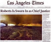 LA Times front page juxtaposes apocalyptic image with announcement of Roberts' confirmation to the Supreme Court